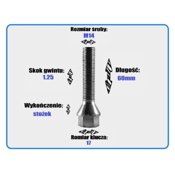 Śruba M14 x 1,25 x 60 mm klucz 17 stożek Ocynk